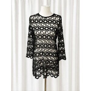 Shana Apparel Black Crochet Cutout Lace Sheer Mesh Overlay Boho Tunic Blouse